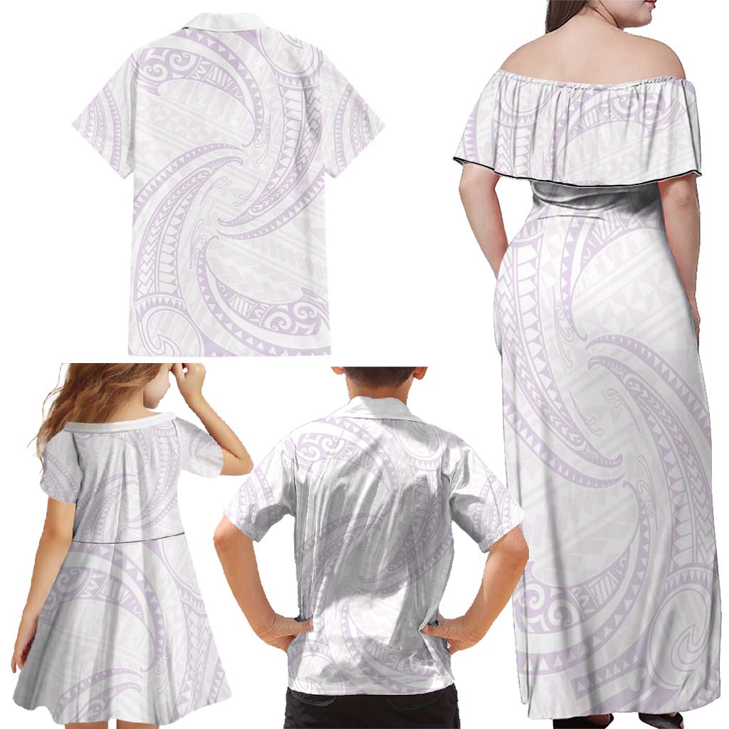 White Sunday Lotu Tamaiti Family Matching Off Shoulder Maxi Dress and Hawaiian Shirt Polynesian Wave Pastel Mauve - Polynesian Pride