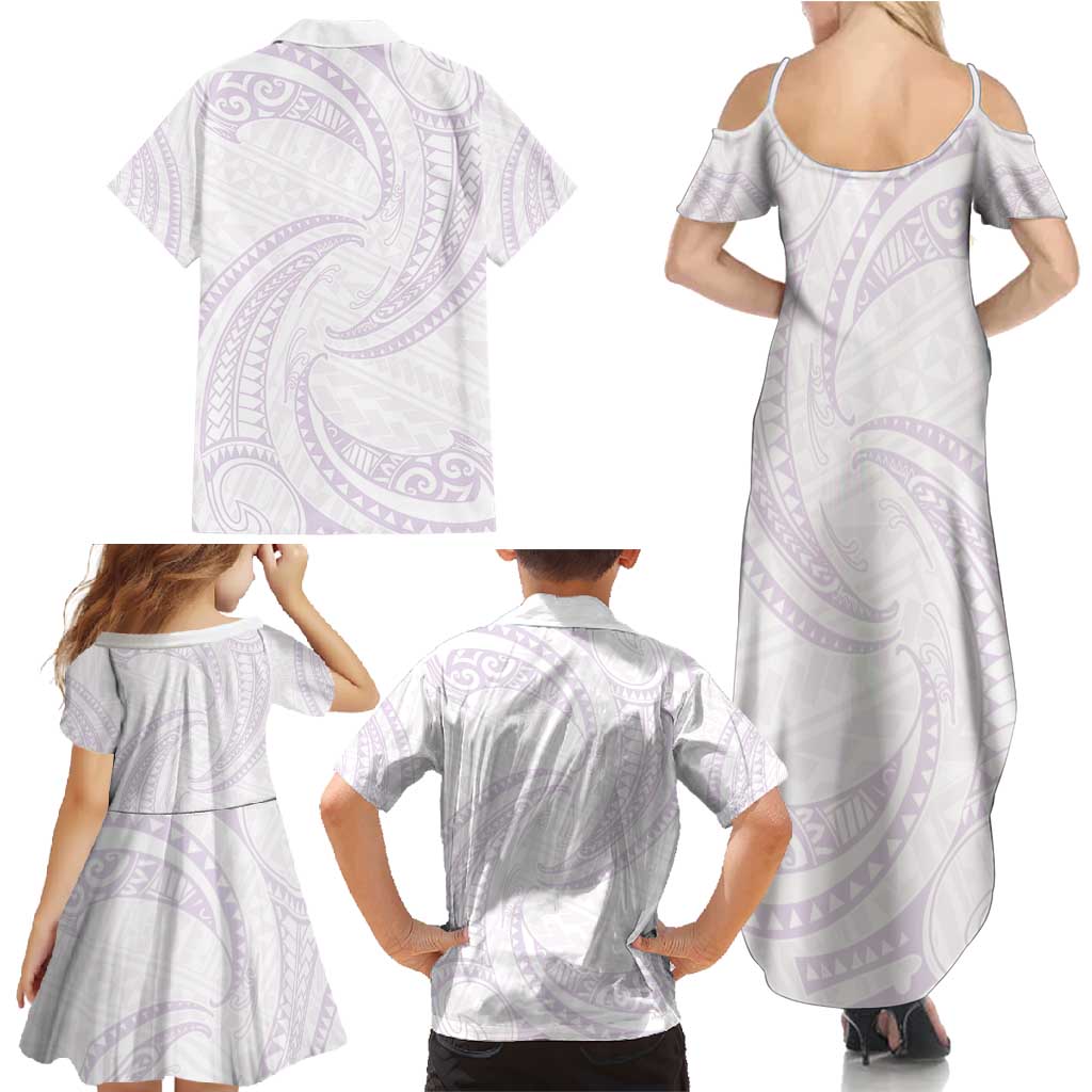 White Sunday Lotu Tamaiti Family Matching Summer Maxi Dress and Hawaiian Shirt Polynesian Wave Pastel Mauve - Polynesian Pride