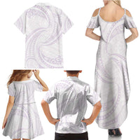 White Sunday Lotu Tamaiti Family Matching Summer Maxi Dress and Hawaiian Shirt Polynesian Wave Pastel Mauve - Polynesian Pride