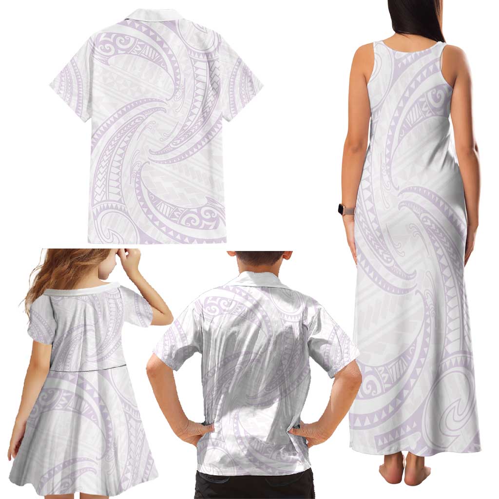 White Sunday Lotu Tamaiti Family Matching Tank Maxi Dress and Hawaiian Shirt Polynesian Wave Pastel Mauve - Polynesian Pride