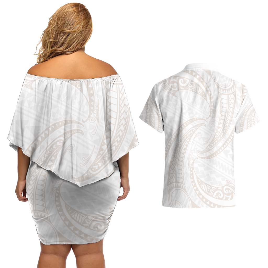 White Sunday Lotu Tamaiti Couples Matching Off Shoulder Short Dress and Hawaiian Shirt Polynesian Wave Pastel Nude - Polynesian Pride