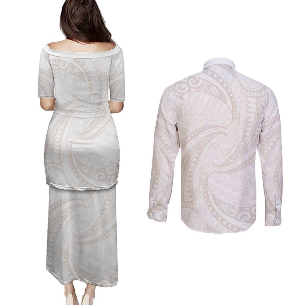 White Sunday Lotu Tamaiti Couples Matching Puletasi and Long Sleeve Button Shirt Polynesian Wave Pastel Nude LT9 - Polynesian Pride
