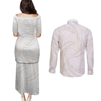 White Sunday Lotu Tamaiti Couples Matching Puletasi and Long Sleeve Button Shirt Polynesian Wave Pastel Nude LT9 - Polynesian Pride