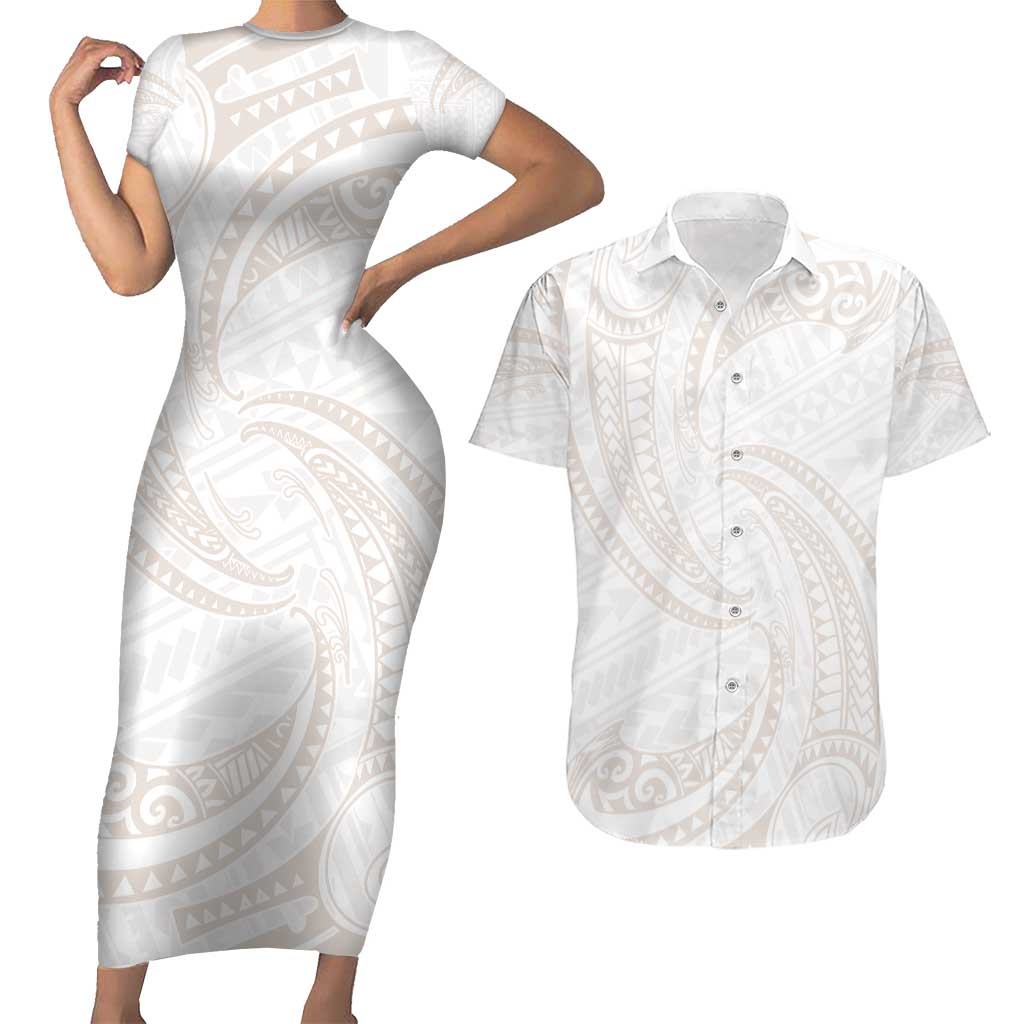 White Sunday Lotu Tamaiti Couples Matching Short Sleeve Bodycon Dress and Hawaiian Shirt Polynesian Wave Pastel Nude LT9 Nude - Polynesian Pride