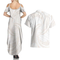 White Sunday Lotu Tamaiti Couples Matching Summer Maxi Dress and Hawaiian Shirt Polynesian Wave Pastel Nude - Polynesian Pride