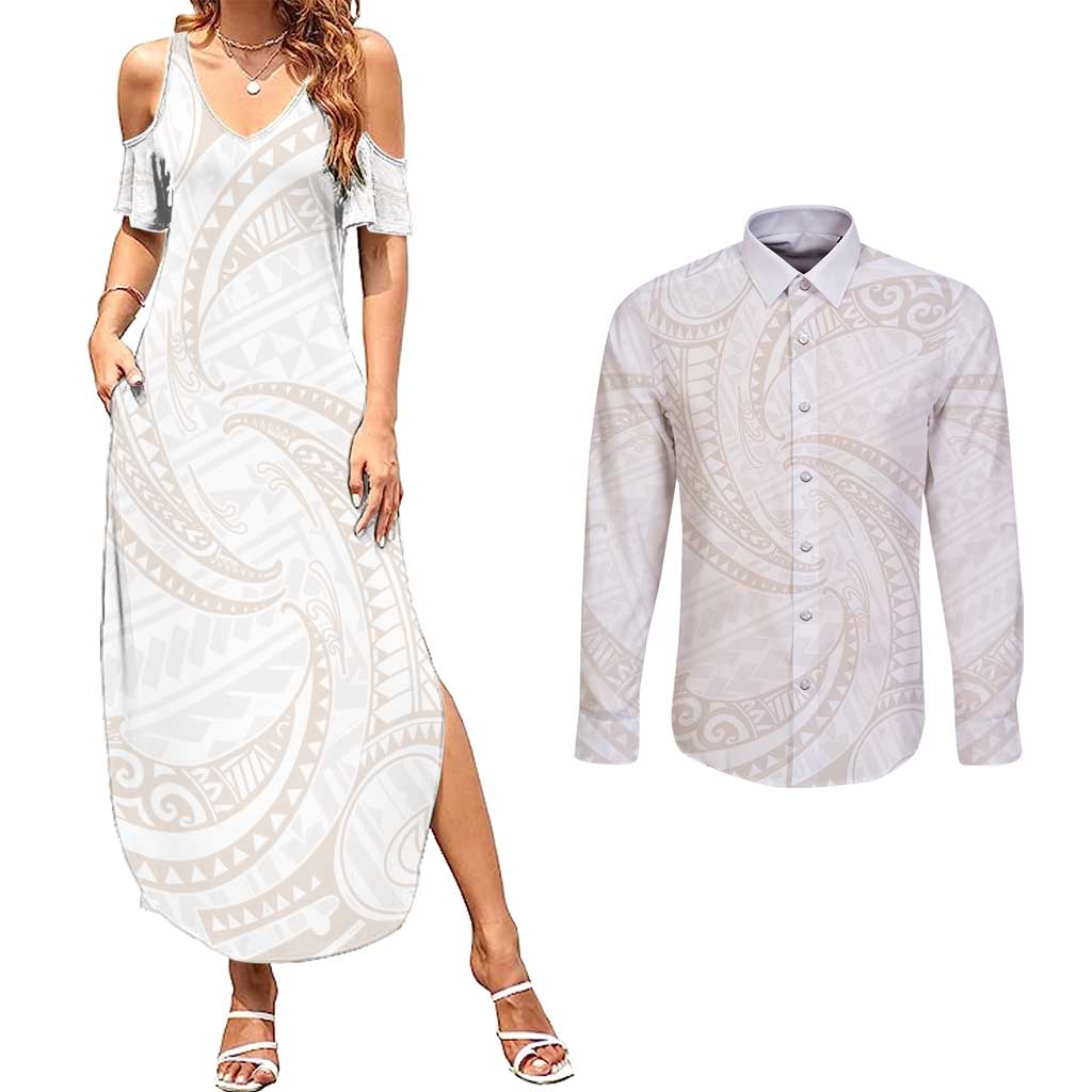 White Sunday Lotu Tamaiti Couples Matching Summer Maxi Dress and Long Sleeve Button Shirt Polynesian Wave Pastel Nude LT9 Nude - Polynesian Pride