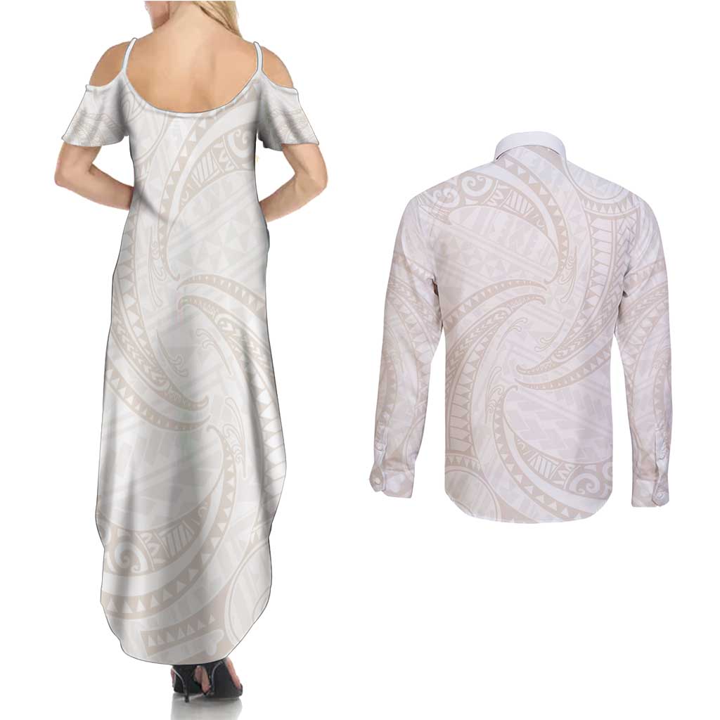 White Sunday Lotu Tamaiti Couples Matching Summer Maxi Dress and Long Sleeve Button Shirt Polynesian Wave Pastel Nude LT9 - Polynesian Pride