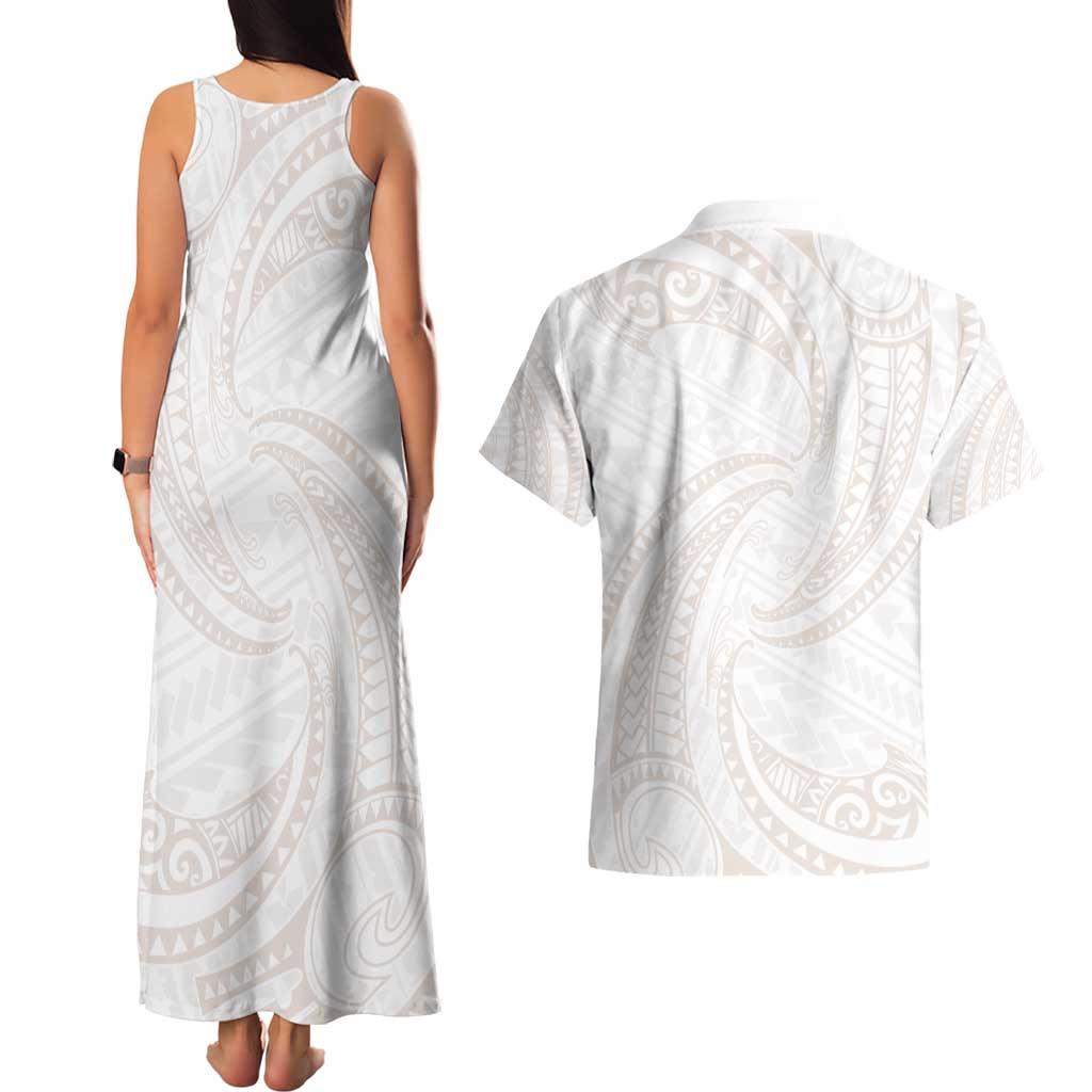 White Sunday Lotu Tamaiti Couples Matching Tank Maxi Dress and Hawaiian Shirt Polynesian Wave Pastel Nude - Polynesian Pride