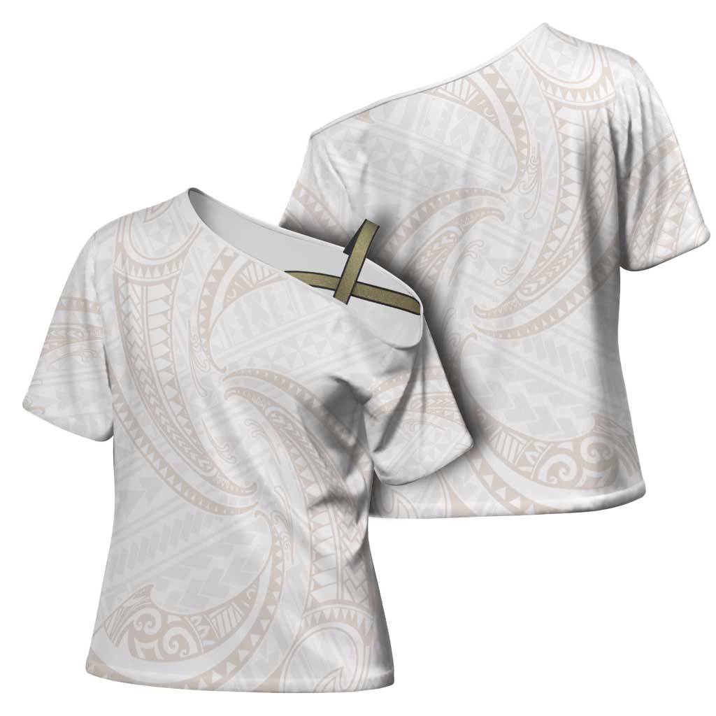 White Sunday Lotu Tamaiti Cross Shoulder Shirt Polynesian Wave Pastel Nude LT9 - Polynesian Pride