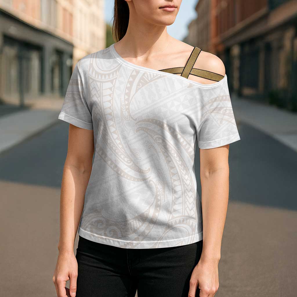 White Sunday Lotu Tamaiti Cross Shoulder Shirt Polynesian Wave Pastel Nude LT9 - Polynesian Pride