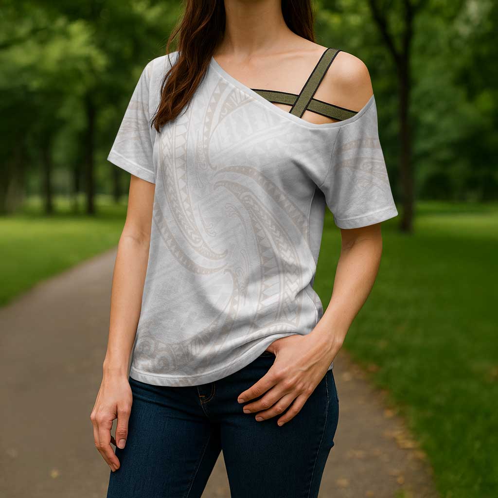 White Sunday Lotu Tamaiti Cross Shoulder Shirt Polynesian Wave Pastel Nude LT9 - Polynesian Pride