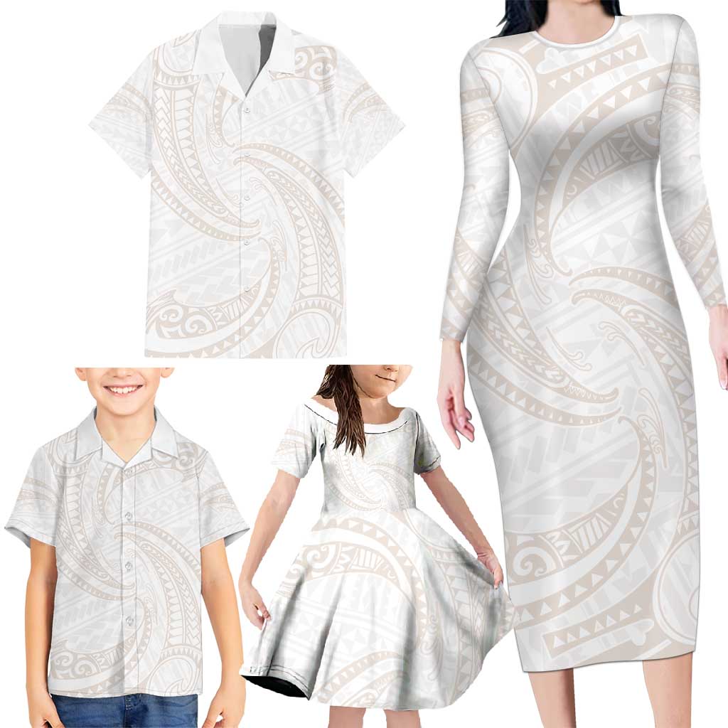 White Sunday Lotu Tamaiti Family Matching Long Sleeve Bodycon Dress and Hawaiian Shirt Polynesian Wave Pastel Nude LT9 - Polynesian Pride