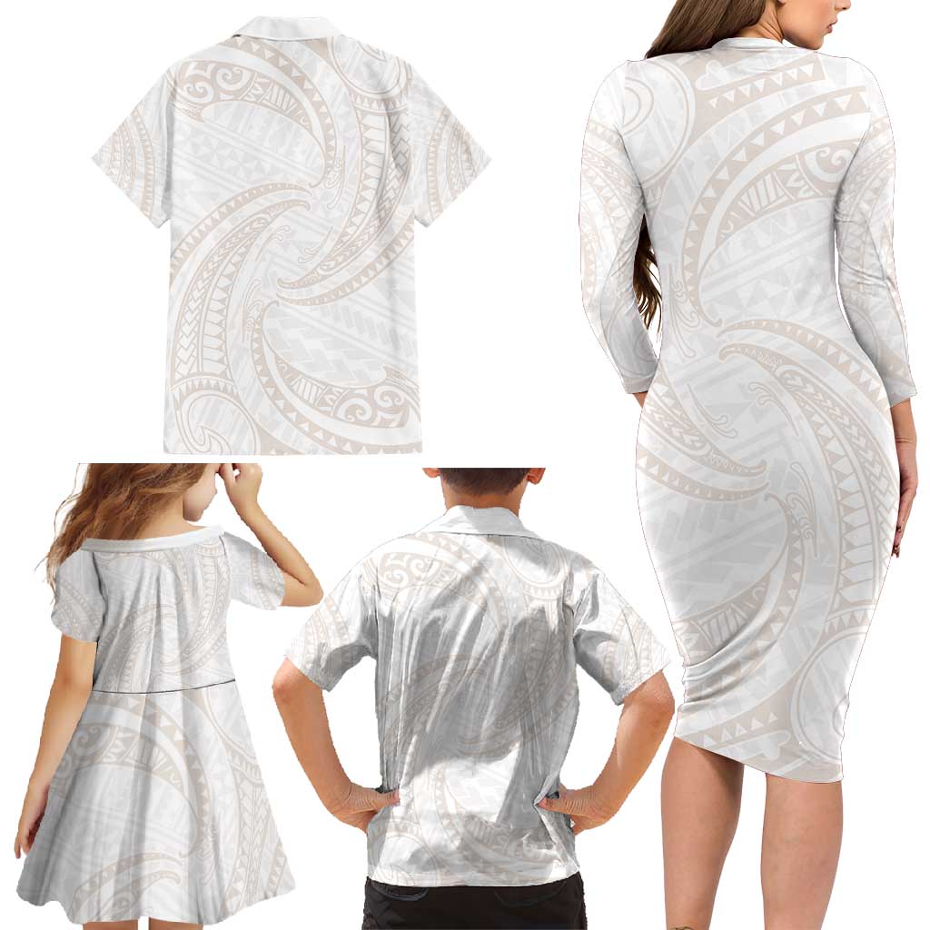 White Sunday Lotu Tamaiti Family Matching Long Sleeve Bodycon Dress and Hawaiian Shirt Polynesian Wave Pastel Nude - Polynesian Pride