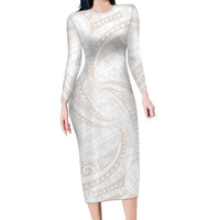 White Sunday Lotu Tamaiti Family Matching Long Sleeve Bodycon Dress and Hawaiian Shirt Polynesian Wave Pastel Nude - Polynesian Pride