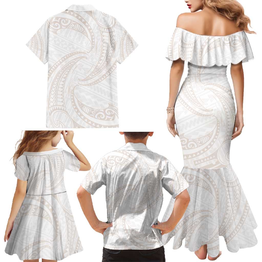White Sunday Lotu Tamaiti Family Matching Mermaid Dress and Hawaiian Shirt Polynesian Wave Pastel Nude - Polynesian Pride