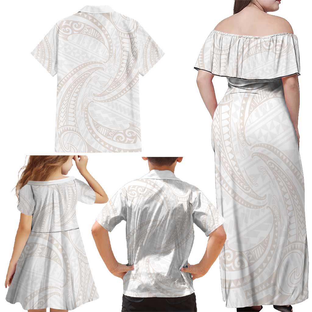 White Sunday Lotu Tamaiti Family Matching Off Shoulder Maxi Dress and Hawaiian Shirt Polynesian Wave Pastel Nude - Polynesian Pride