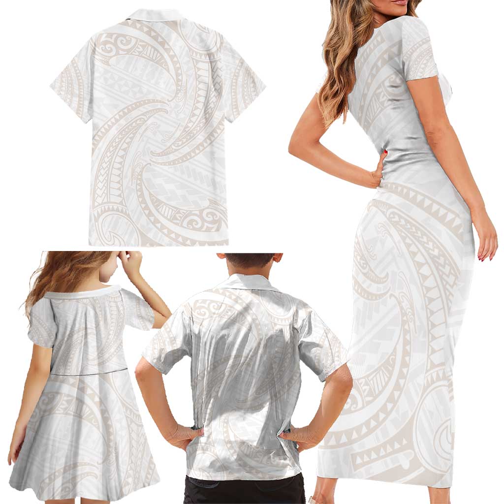 White Sunday Lotu Tamaiti Family Matching Short Sleeve Bodycon Dress and Hawaiian Shirt Polynesian Wave Pastel Nude - Polynesian Pride