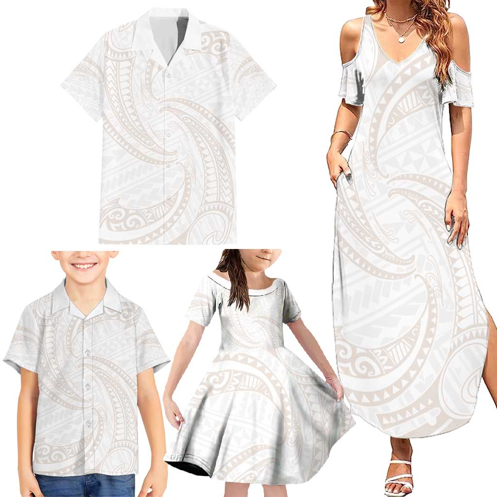 White Sunday Lotu Tamaiti Family Matching Summer Maxi Dress and Hawaiian Shirt Polynesian Wave Pastel Nude LT9 - Polynesian Pride
