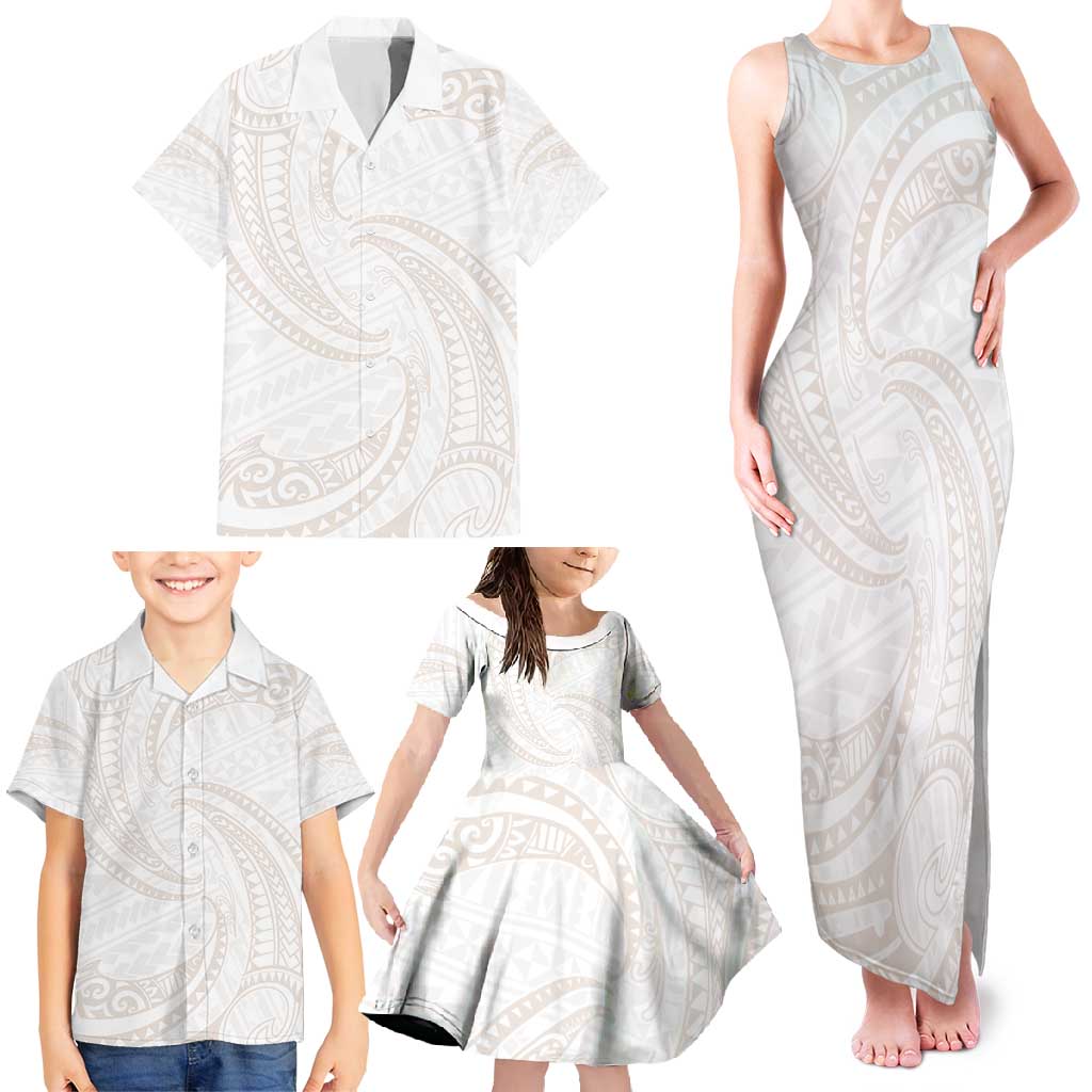 White Sunday Lotu Tamaiti Family Matching Tank Maxi Dress and Hawaiian Shirt Polynesian Wave Pastel Nude LT9 - Polynesian Pride