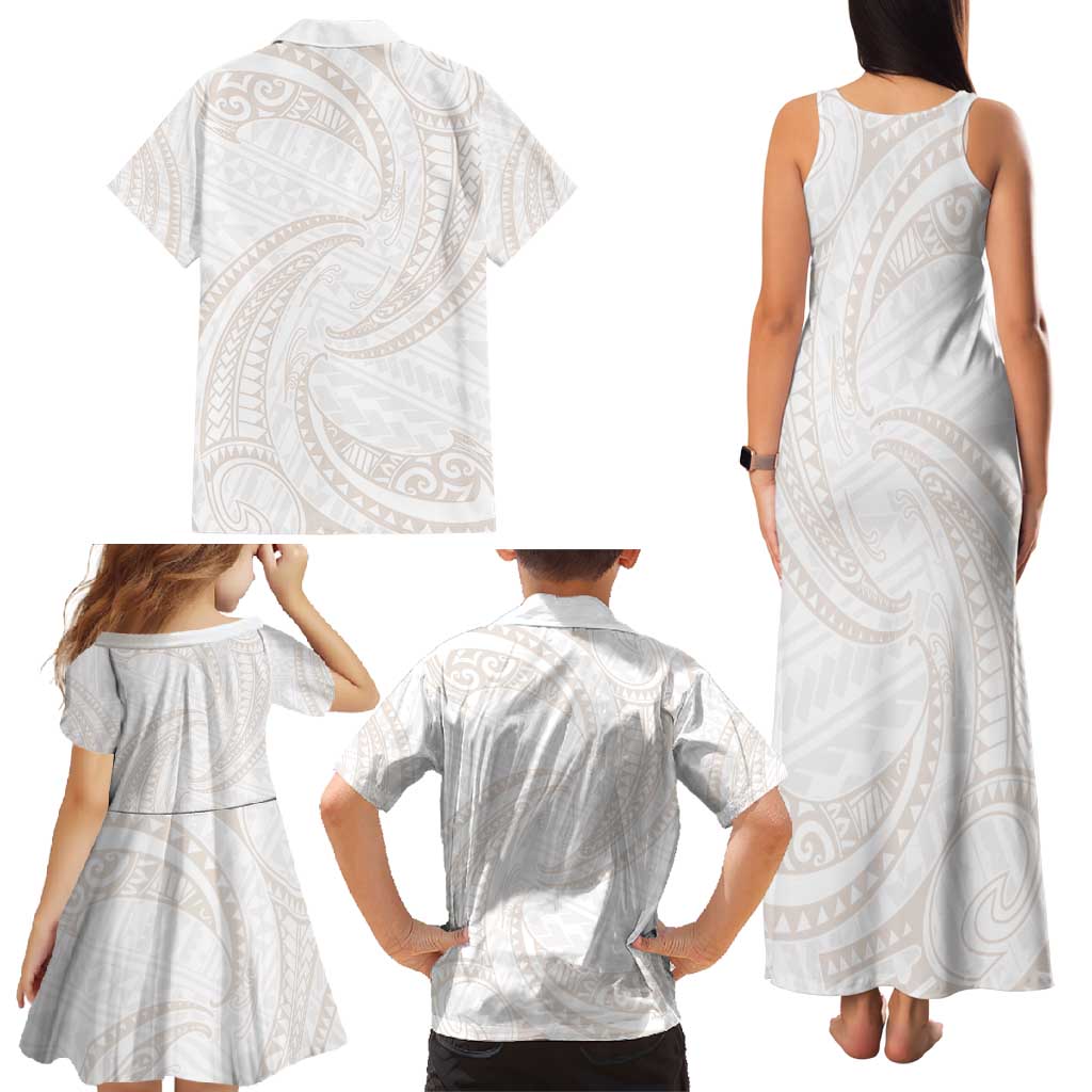 White Sunday Lotu Tamaiti Family Matching Tank Maxi Dress and Hawaiian Shirt Polynesian Wave Pastel Nude - Polynesian Pride