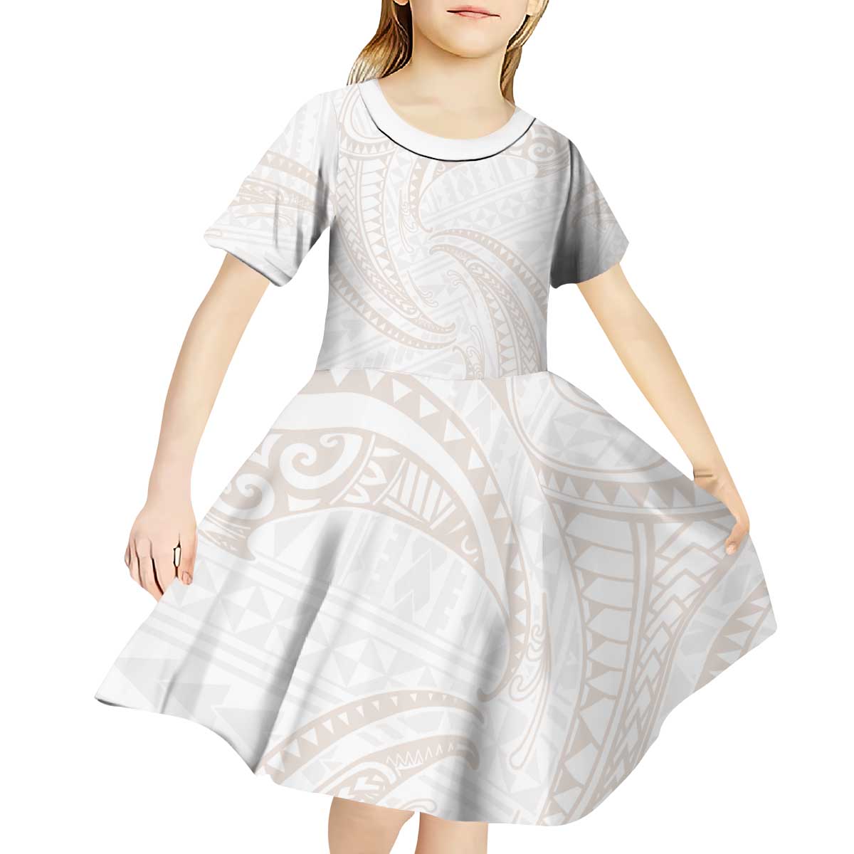 White Sunday Lotu Tamaiti Kid Short Sleeve Dress Polynesian Wave Pastel Nude - Polynesian Pride