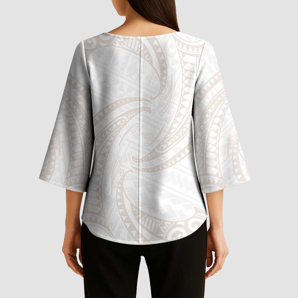 White Sunday Lotu Tamaiti Kimono Sleeve Blouse Polynesian Wave Pastel Nude - Polynesian Pride