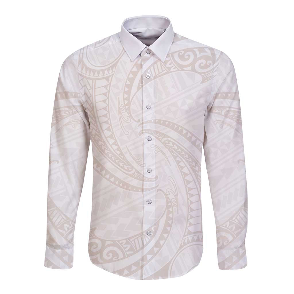 White Sunday Lotu Tamaiti Long Sleeve Button Shirt Polynesian Wave Pastel Nude LT9 Unisex Nude - Polynesian Pride