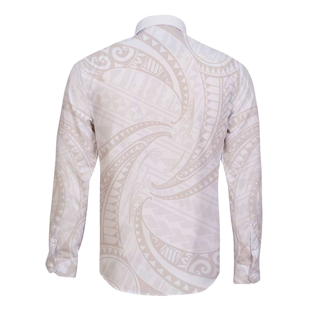 White Sunday Lotu Tamaiti Long Sleeve Button Shirt Polynesian Wave Pastel Nude LT9 - Polynesian Pride
