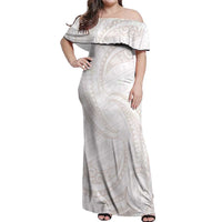 White Sunday Lotu Tamaiti Off Shoulder Maxi Dress Polynesian Wave Pastel Nude - Polynesian Pride