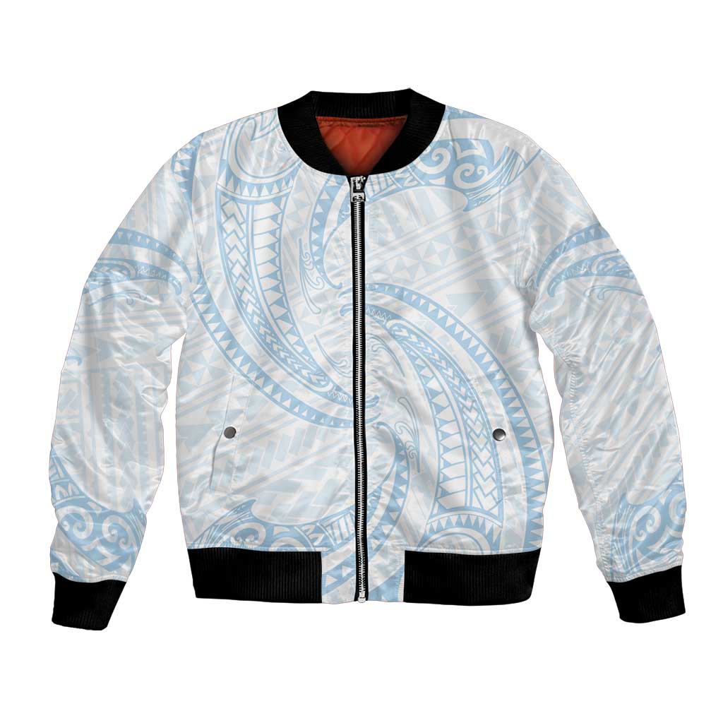 White Sunday Lotu Tamaiti Bomber Jacket Polynesian Wave Pastel Sky Blue - Polynesian Pride