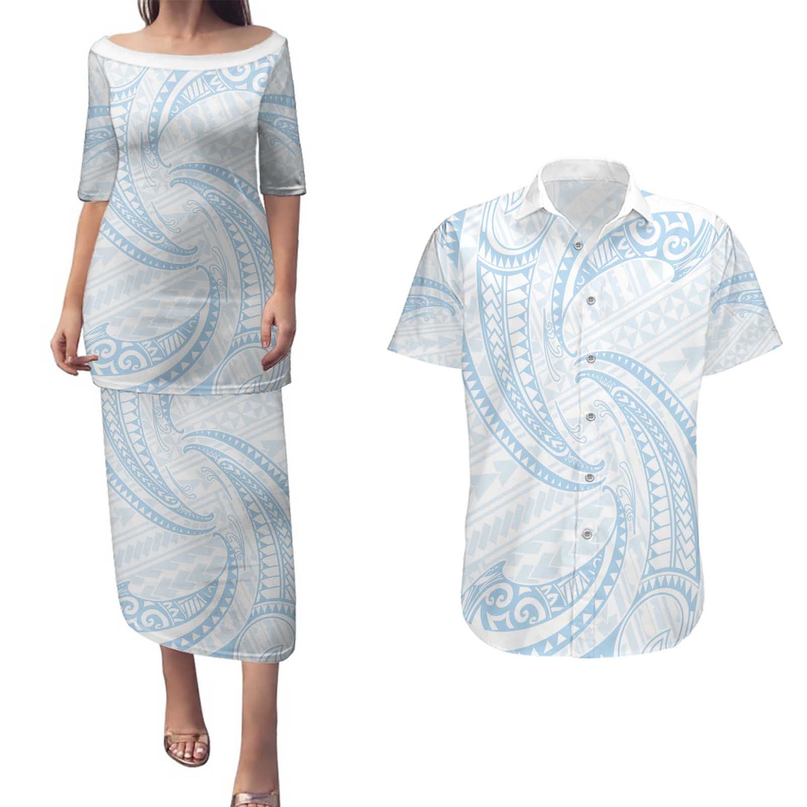 White Sunday Lotu Tamaiti Couples Matching Puletasi and Hawaiian Shirt Polynesian Wave Pastel Sky Blue LT9 Blue - Polynesian Pride