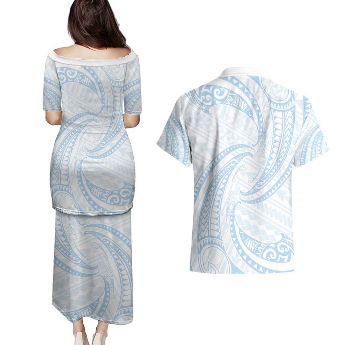 White Sunday Lotu Tamaiti Couples Matching Puletasi and Hawaiian Shirt Polynesian Wave Pastel Sky Blue - Polynesian Pride