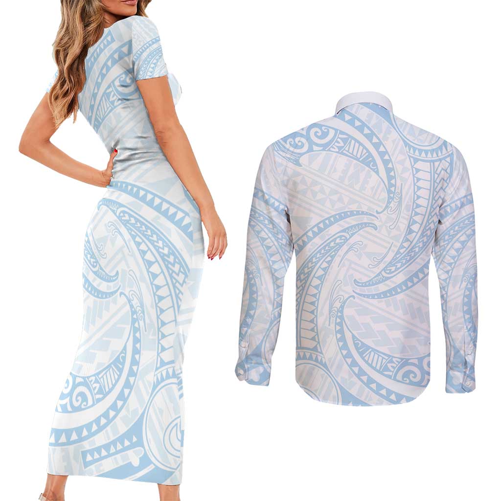 White Sunday Lotu Tamaiti Couples Matching Short Sleeve Bodycon Dress and Long Sleeve Button Shirt Polynesian Wave Pastel Sky Blue LT9 - Polynesian Pride