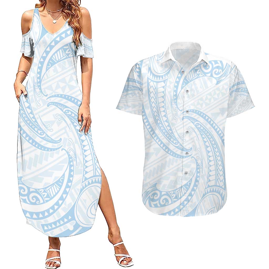 White Sunday Lotu Tamaiti Couples Matching Summer Maxi Dress and Hawaiian Shirt Polynesian Wave Pastel Sky Blue LT9 Blue - Polynesian Pride