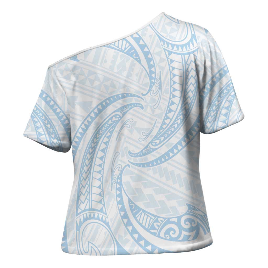 White Sunday Lotu Tamaiti Cross Shoulder Shirt Polynesian Wave Pastel Sky Blue LT9 - Polynesian Pride