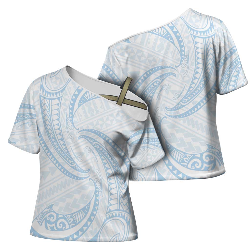 White Sunday Lotu Tamaiti Cross Shoulder Shirt Polynesian Wave Pastel Sky Blue LT9 - Polynesian Pride