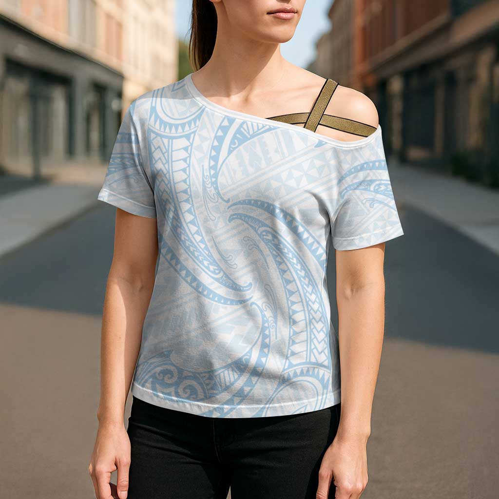 White Sunday Lotu Tamaiti Cross Shoulder Shirt Polynesian Wave Pastel Sky Blue LT9 - Polynesian Pride