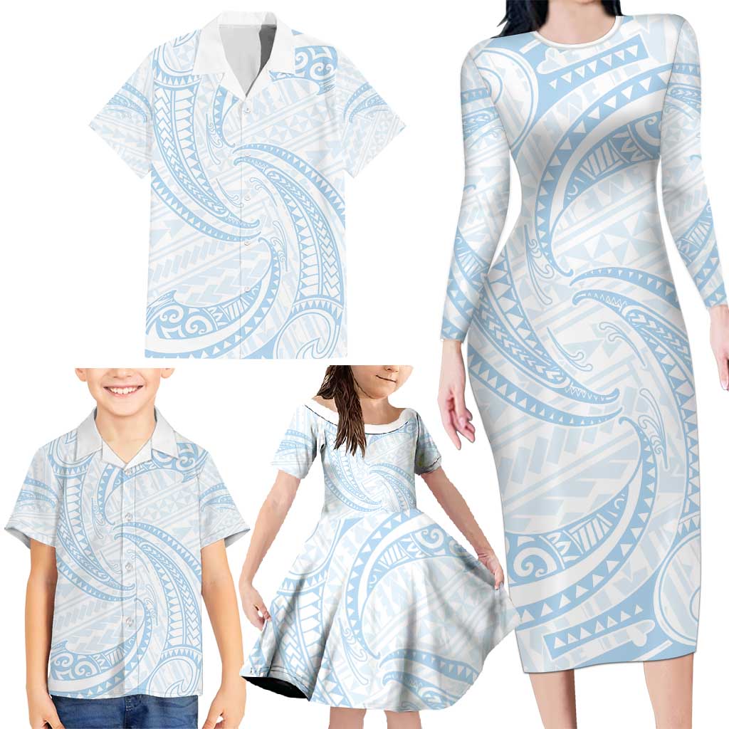 White Sunday Lotu Tamaiti Family Matching Long Sleeve Bodycon Dress and Hawaiian Shirt Polynesian Wave Pastel Sky Blue LT9 - Polynesian Pride
