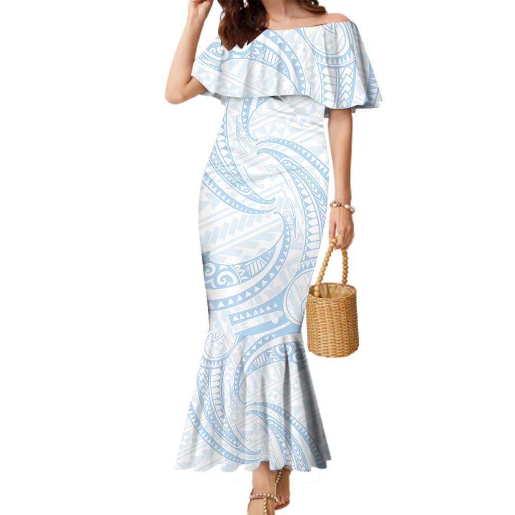 White Sunday Lotu Tamaiti Family Matching Mermaid Dress and Hawaiian Shirt Polynesian Wave Pastel Sky Blue - Polynesian Pride