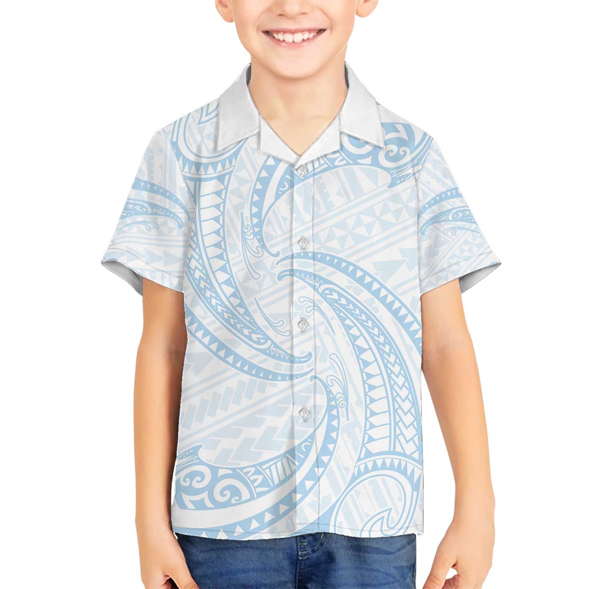 White Sunday Lotu Tamaiti Family Matching Off The Shoulder Long Sleeve Dress and Hawaiian Shirt Polynesian Wave Pastel Sky Blue - Polynesian Pride