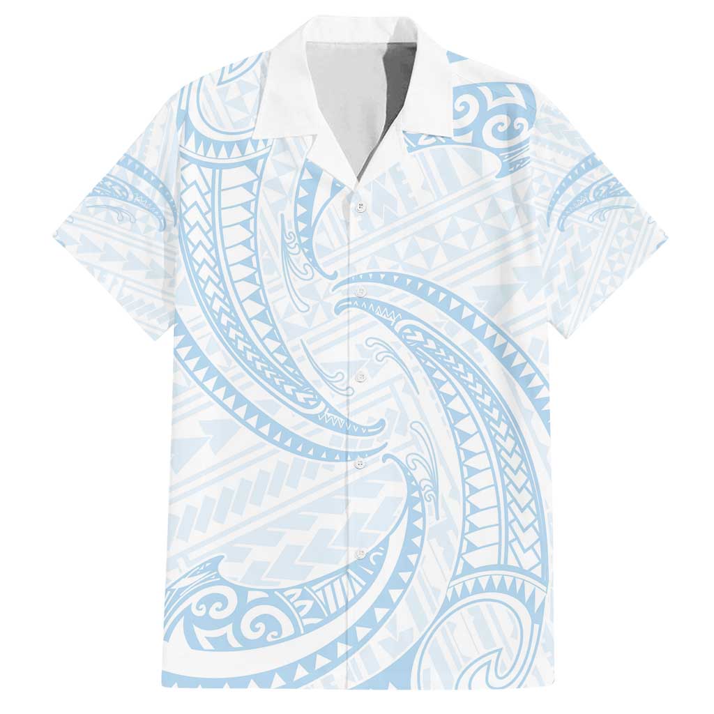 White Sunday Lotu Tamaiti Family Matching Off Shoulder Maxi Dress and Hawaiian Shirt Polynesian Wave Pastel Sky Blue - Polynesian Pride
