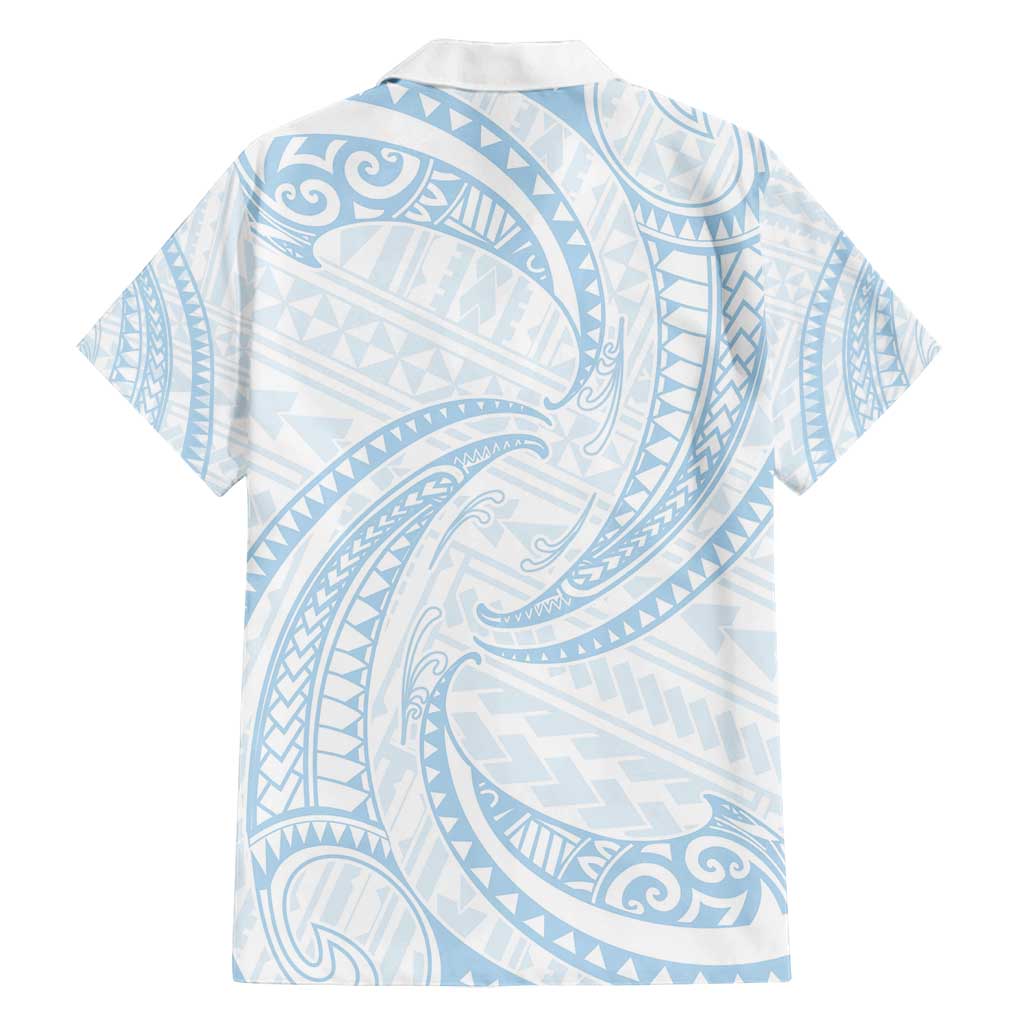 White Sunday Lotu Tamaiti Family Matching Off Shoulder Maxi Dress and Hawaiian Shirt Polynesian Wave Pastel Sky Blue - Polynesian Pride