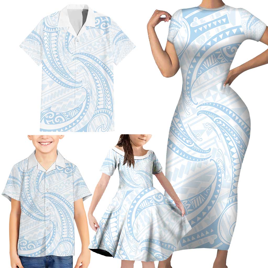 White Sunday Lotu Tamaiti Family Matching Short Sleeve Bodycon Dress and Hawaiian Shirt Polynesian Wave Pastel Sky Blue LT9 - Polynesian Pride