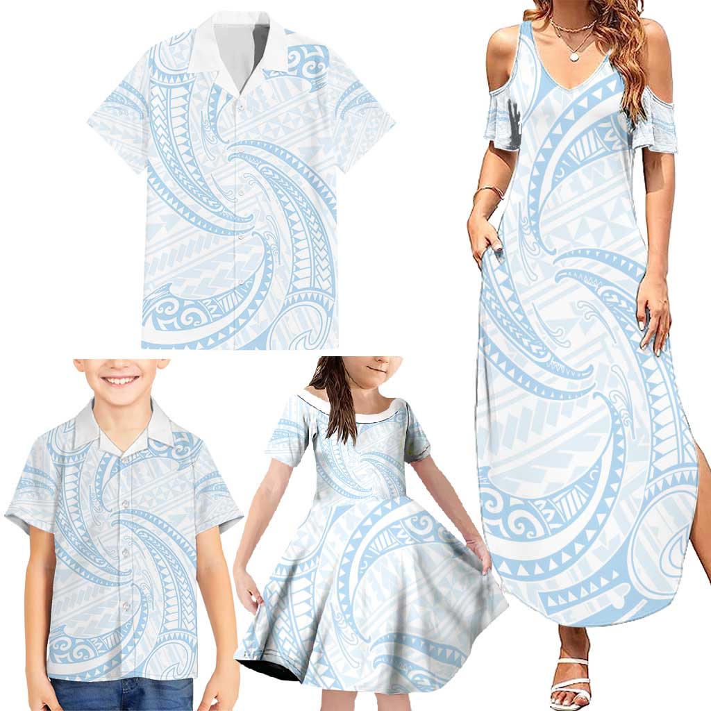 White Sunday Lotu Tamaiti Family Matching Summer Maxi Dress and Hawaiian Shirt Polynesian Wave Pastel Sky Blue LT9 - Polynesian Pride