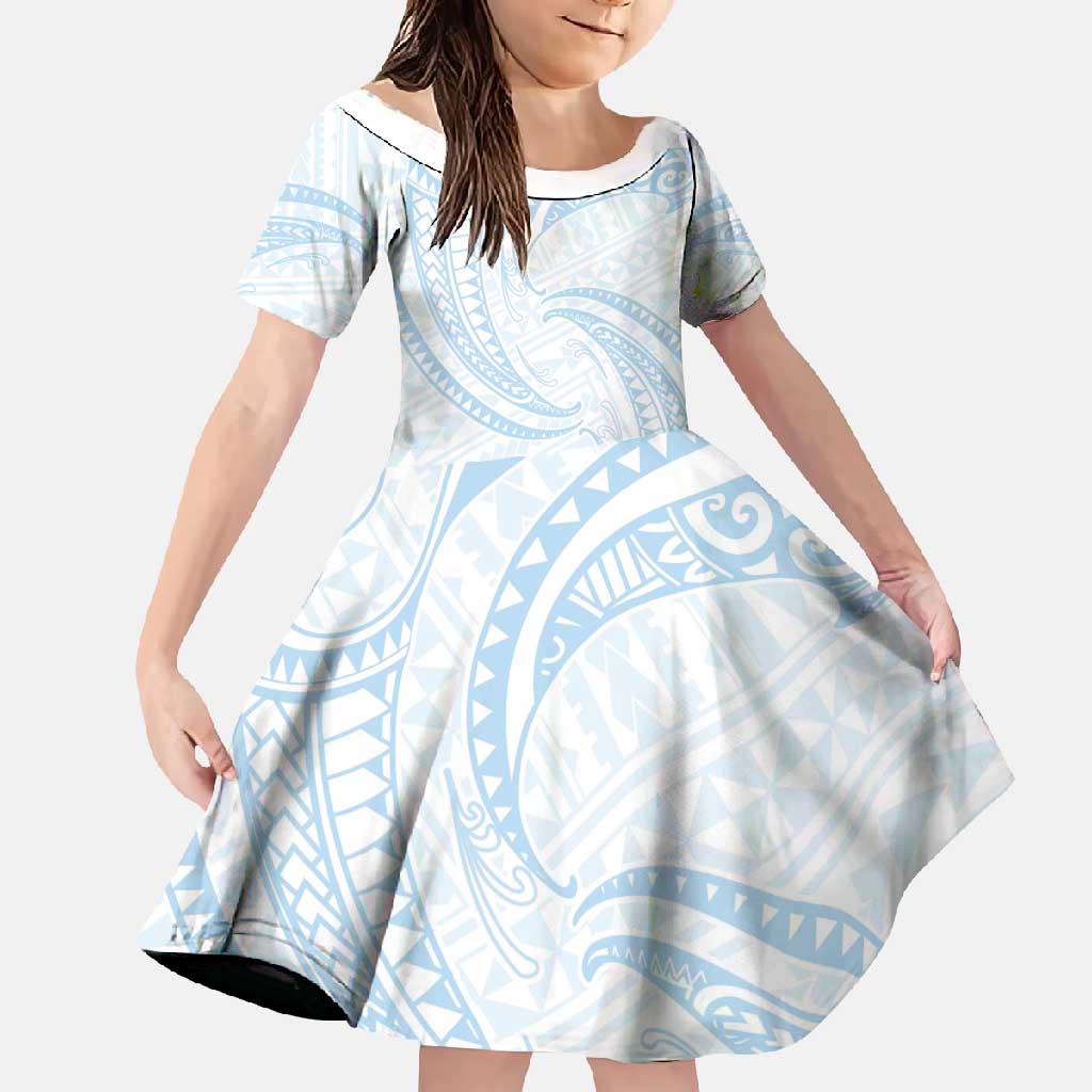 White Sunday Lotu Tamaiti Family Matching Tank Maxi Dress and Hawaiian Shirt Polynesian Wave Pastel Sky Blue LT9 Daughter's Dress Blue - Polynesian Pride