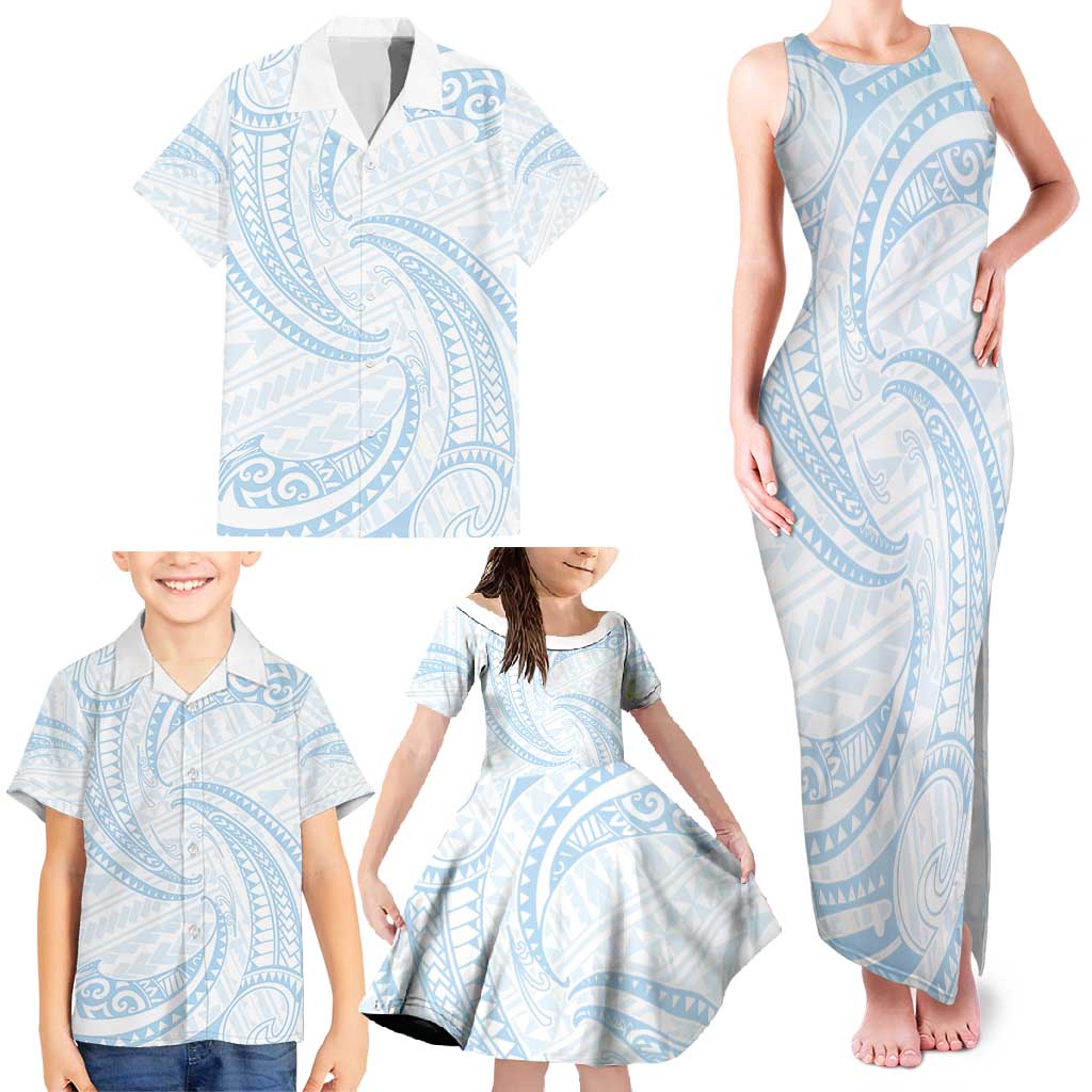 White Sunday Lotu Tamaiti Family Matching Tank Maxi Dress and Hawaiian Shirt Polynesian Wave Pastel Sky Blue LT9 - Polynesian Pride
