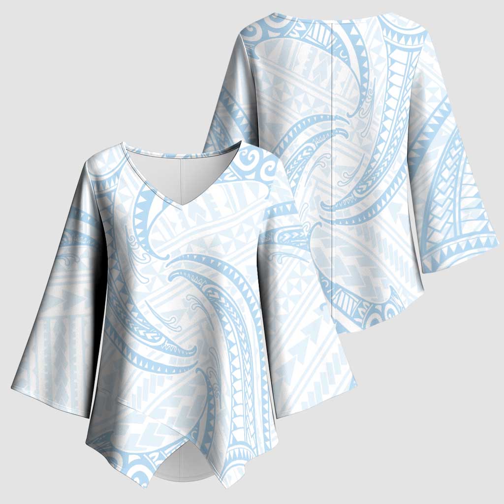 White Sunday Lotu Tamaiti Kimono Sleeve Blouse Polynesian Wave Pastel Sky Blue - Polynesian Pride