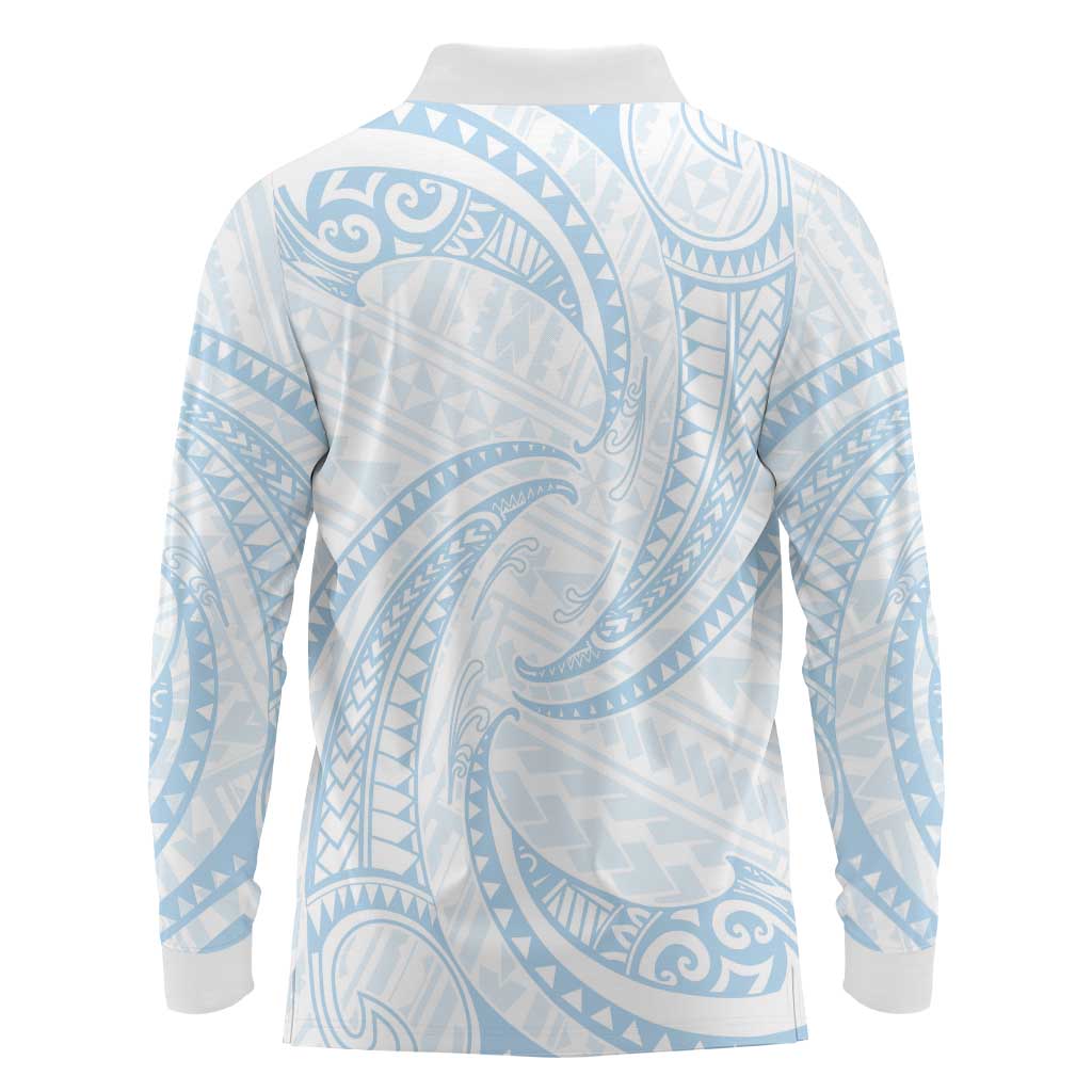 White Sunday Lotu Tamaiti Long Sleeve Polo Shirt Polynesian Wave Pastel Sky Blue LT9 - Polynesian Pride