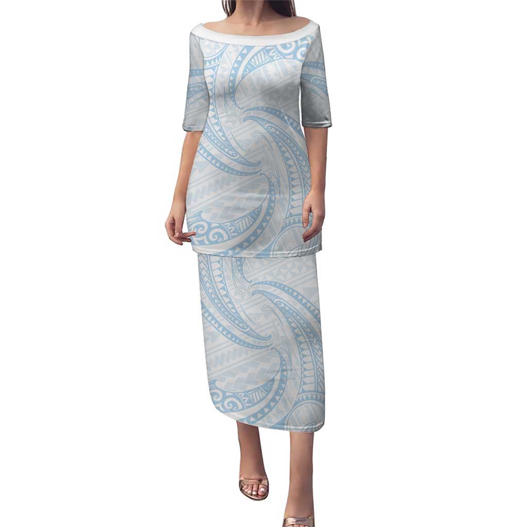 White Sunday Lotu Tamaiti Puletasi Polynesian Wave Pastel Sky Blue LT9 Long Dress Blue - Polynesian Pride