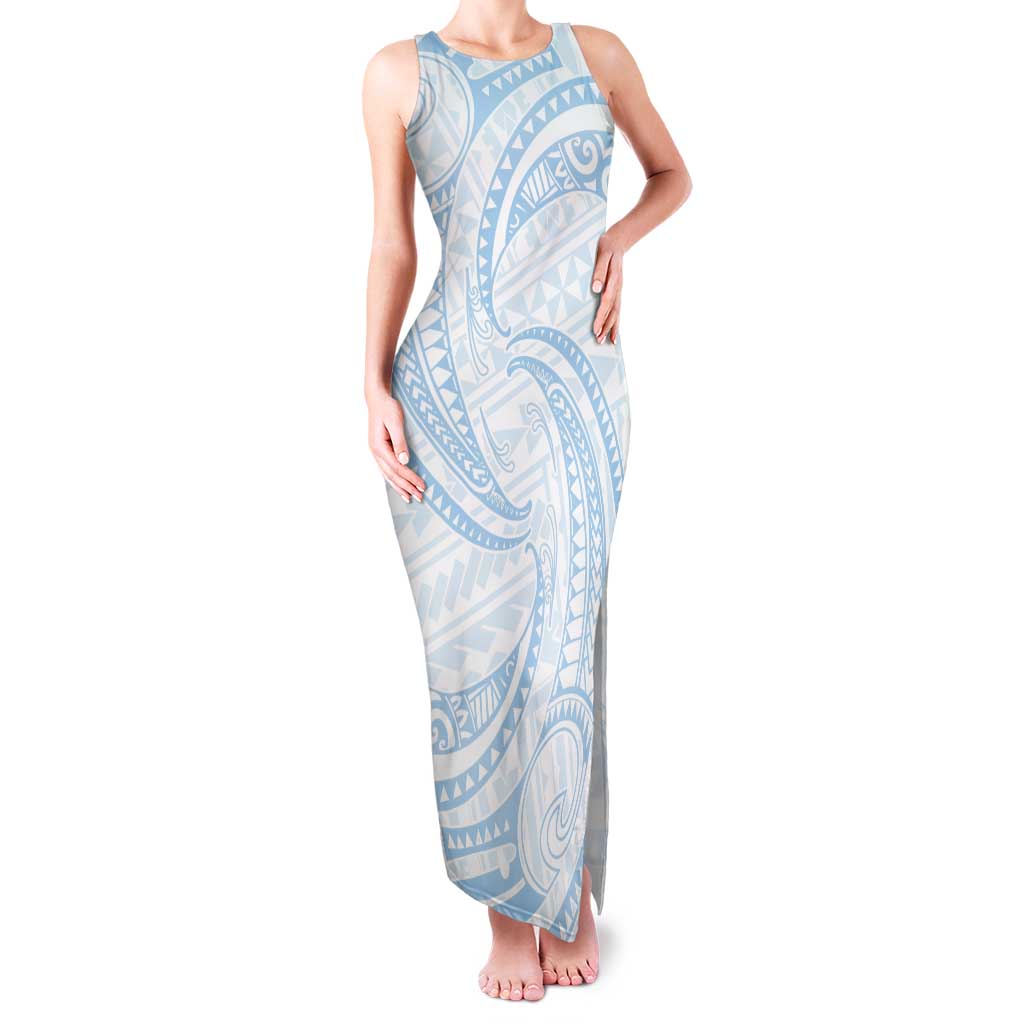 White Sunday Lotu Tamaiti Tank Maxi Dress Polynesian Wave Pastel Sky Blue LT9 Women Blue - Polynesian Pride